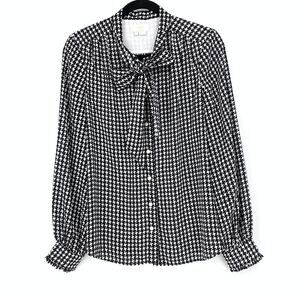 Kate Spade Women's Sz S Dashing Beauty Houndstooth Tie Neck Shirt In Black Cream